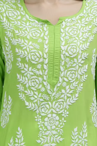 hand embroidered parrot green modal lucknowi chikan kurta