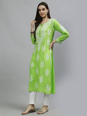 hand embroidered parrot green modal lucknowi chikan kurta 4