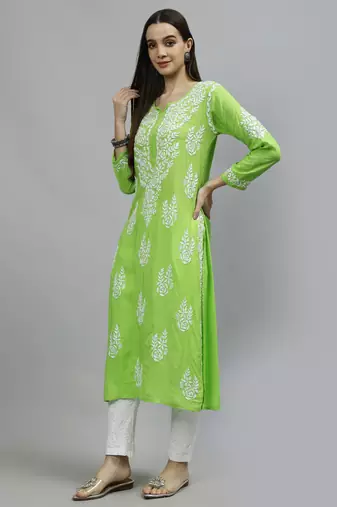 hand embroidered parrot green modal lucknowi chikan kurta