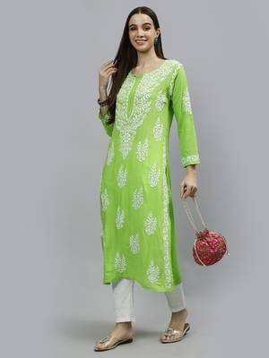 hand embroidered parrot green modal lucknowi chikan kurta 5
