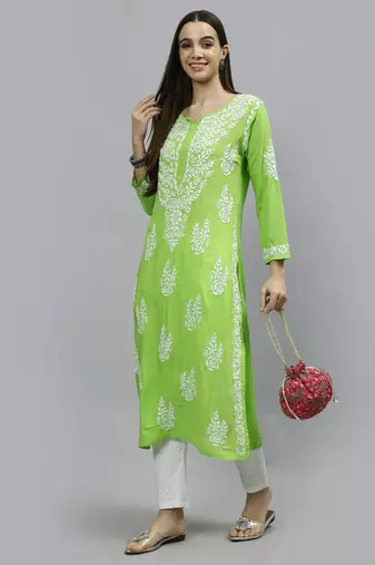 hand embroidered parrot green modal lucknowi chikan kurta