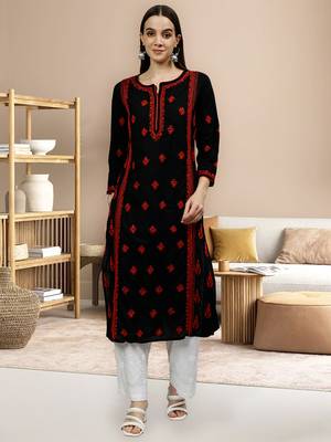 hand embroidered black cotton lucknowi chikan kurta 1