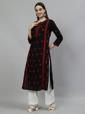 hand embroidered black cotton lucknowi chikan kurta 4