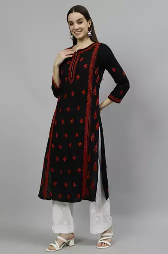 hand embroidered black cotton lucknowi chikan kurta