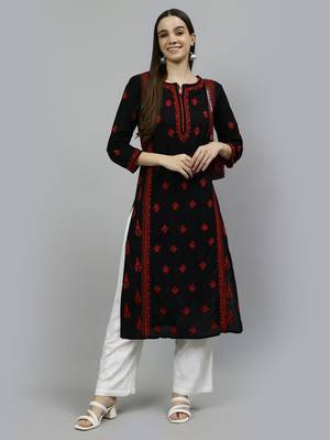 hand embroidered black cotton lucknowi chikan kurta 5