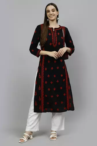 hand embroidered black cotton lucknowi chikan kurta