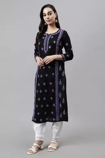 hand embroidered black cotton lucknowi chikan kurta