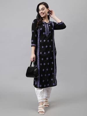 hand embroidered black cotton lucknowi chikan kurta 5