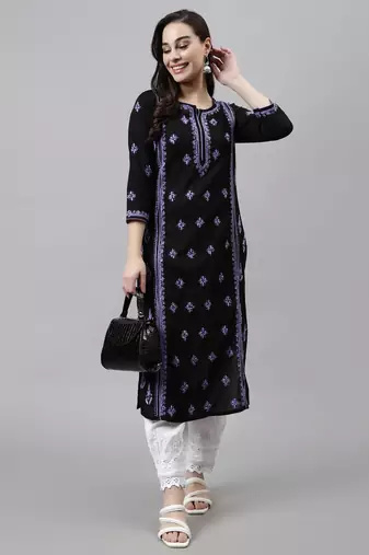 hand embroidered black cotton lucknowi chikan kurta