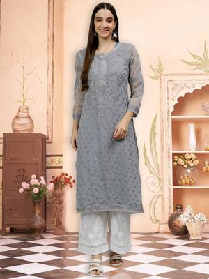 hand embroidered grey georgette lucknowi chikan kurta with slip 1