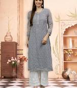 hand embroidered grey georgette lucknowi chikan kurta with slip