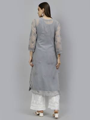 hand embroidered grey georgette lucknowi chikan kurta with slip 2