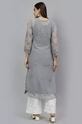hand embroidered grey georgette lucknowi chikan kurta with slip