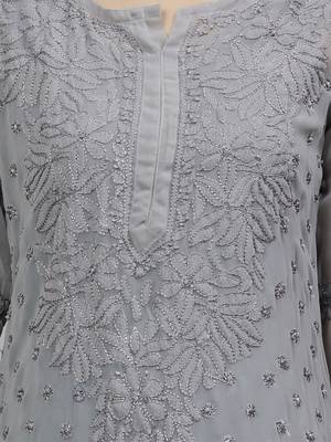 hand embroidered grey georgette lucknowi chikan kurta with slip 3