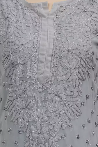 hand embroidered grey georgette lucknowi chikan kurta with slip