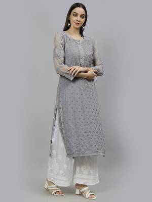 hand embroidered grey georgette lucknowi chikan kurta with slip 4