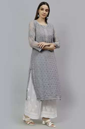 hand embroidered grey georgette lucknowi chikan kurta with slip