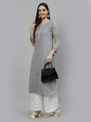 hand embroidered grey georgette lucknowi chikan kurta with slip 5