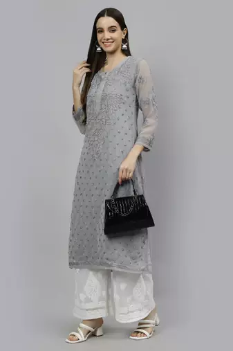 hand embroidered grey georgette lucknowi chikan kurta with slip