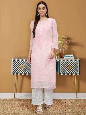 hand embroidered pink georgette lucknowi chikan kurta with slip 1