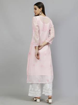 hand embroidered pink georgette lucknowi chikan kurta with slip 2
