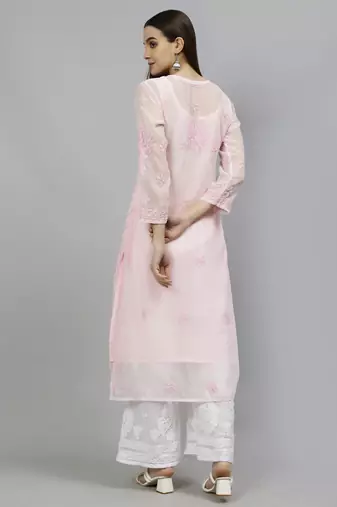 hand embroidered pink georgette lucknowi chikan kurta with slip