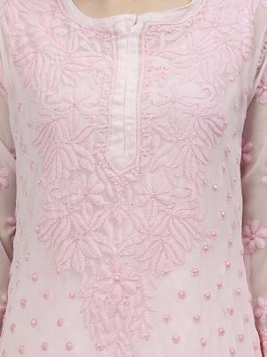 hand embroidered pink georgette lucknowi chikan kurta with slip 3