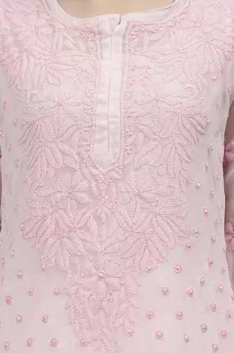 hand embroidered pink georgette lucknowi chikan kurta with slip