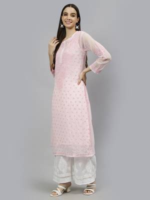 hand embroidered pink georgette lucknowi chikan kurta with slip 4