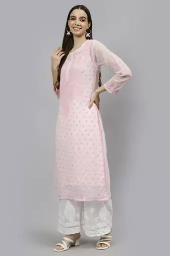 hand embroidered pink georgette lucknowi chikan kurta with slip