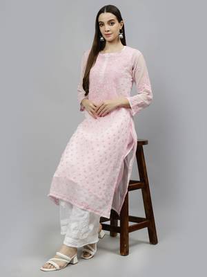 hand embroidered pink georgette lucknowi chikan kurta with slip 5
