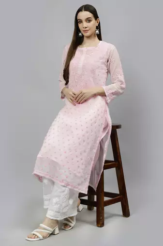 hand embroidered pink georgette lucknowi chikan kurta with slip
