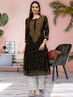 hand embroidered black georgette lucknowi chikan kurta with slip 1