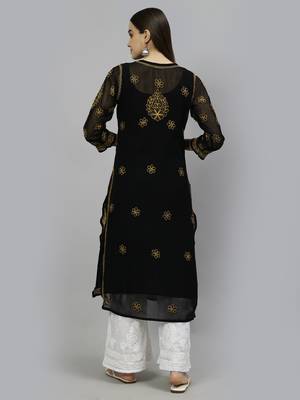 hand embroidered black georgette lucknowi chikan kurta with slip 2