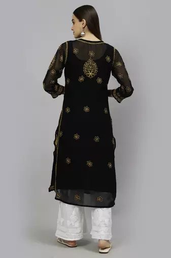 hand embroidered black georgette lucknowi chikan kurta with slip