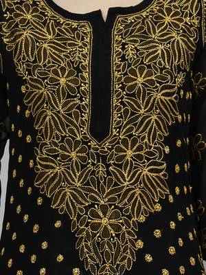 hand embroidered black georgette lucknowi chikan kurta with slip 3