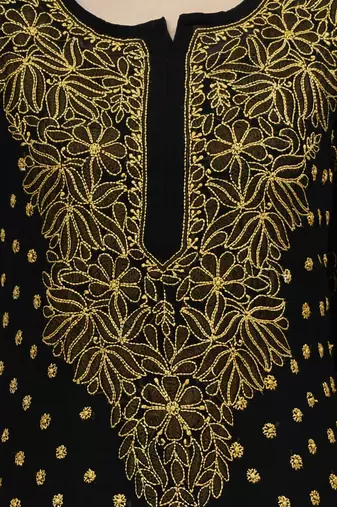 hand embroidered black georgette lucknowi chikan kurta with slip