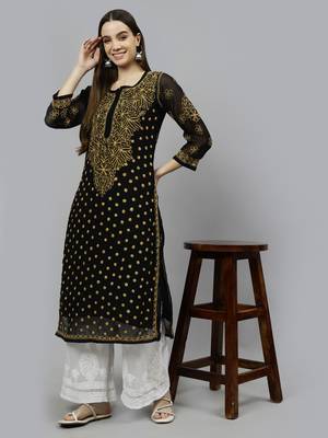 hand embroidered black georgette lucknowi chikan kurta with slip 5