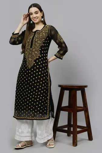 hand embroidered black georgette lucknowi chikan kurta with slip