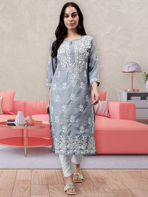 hand embroidered grey muslin lucknowi chikan kurta 1