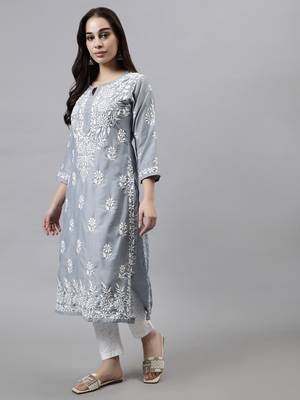 hand embroidered grey muslin lucknowi chikan kurta 3
