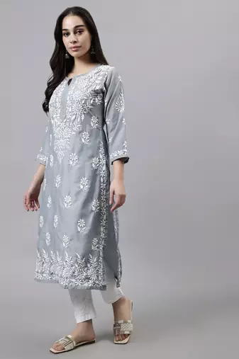 hand embroidered grey muslin lucknowi chikan kurta