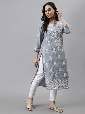 hand embroidered grey muslin lucknowi chikan kurta 4