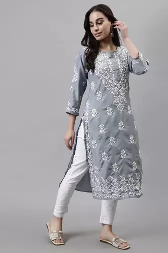 hand embroidered grey muslin lucknowi chikan kurta
