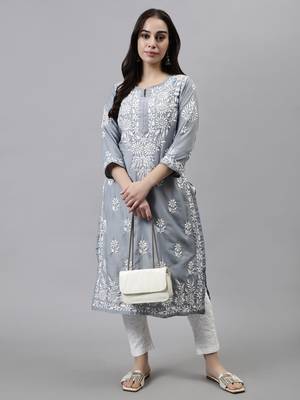 hand embroidered grey muslin lucknowi chikan kurta 5