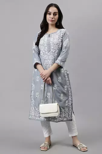 hand embroidered grey muslin lucknowi chikan kurta