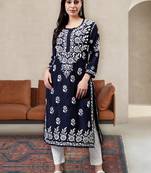hand embroidered navy blue muslin lucknowi chikan kurta
