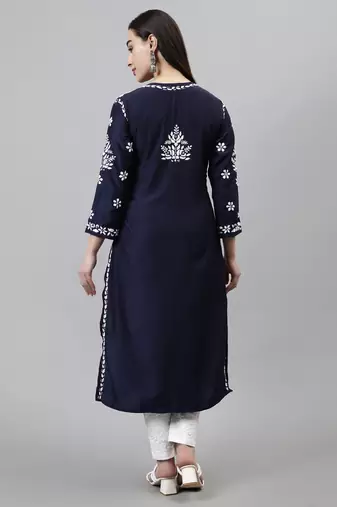 hand embroidered navy blue muslin lucknowi chikan kurta