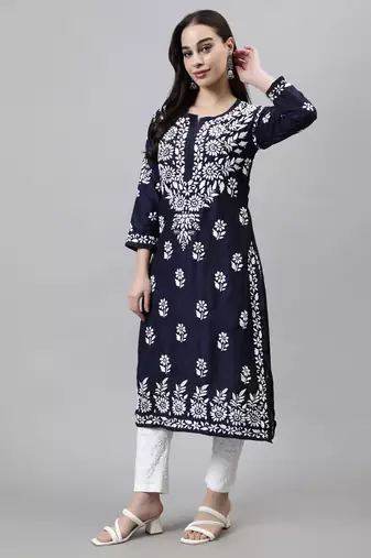 hand embroidered navy blue muslin lucknowi chikan kurta