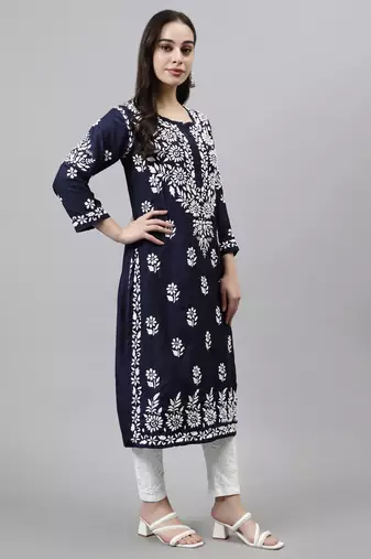 hand embroidered navy blue muslin lucknowi chikan kurta